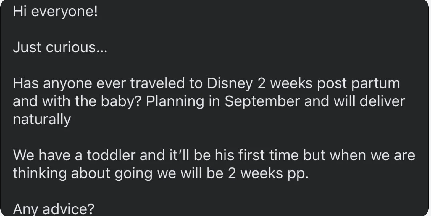 Forum screenshot asking for advice on traveling to Disney 2 weeks postpartum with a baby