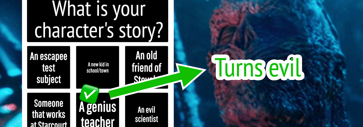Vecna from "Stranger Things" and a multiple choice question "What is your character's story?" "A genius teacher is selected and an arrow leads to the words "turns evil"
