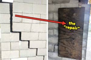 Cracked wall with a makeshift wooden board "repair"