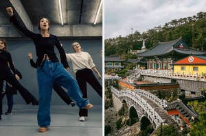 Two images side by side; left: three people practicing dance moves in casual wear in a studio; right: aerial view of a traditional Korean temple complex