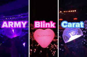 Luces de concierto con letreros "ARMY", "Blink", "Carat" referentes a fans de BTS, BLACKPINK, SEVENTEEN