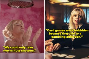 Split image: Left, person enjoying shower. Right, person playing cards with quote on gambling addiction