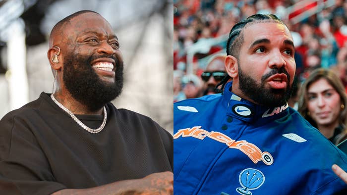 Rick Ross smiling with a beard and necklace; Drake in a racing jumpsuit with logos, talking with someone