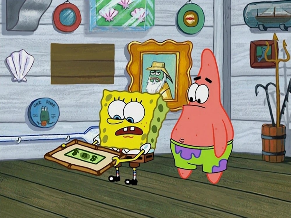 SpongeBob and Patrick standing inside, SpongeBob holding a dollar, Patrick looking confused