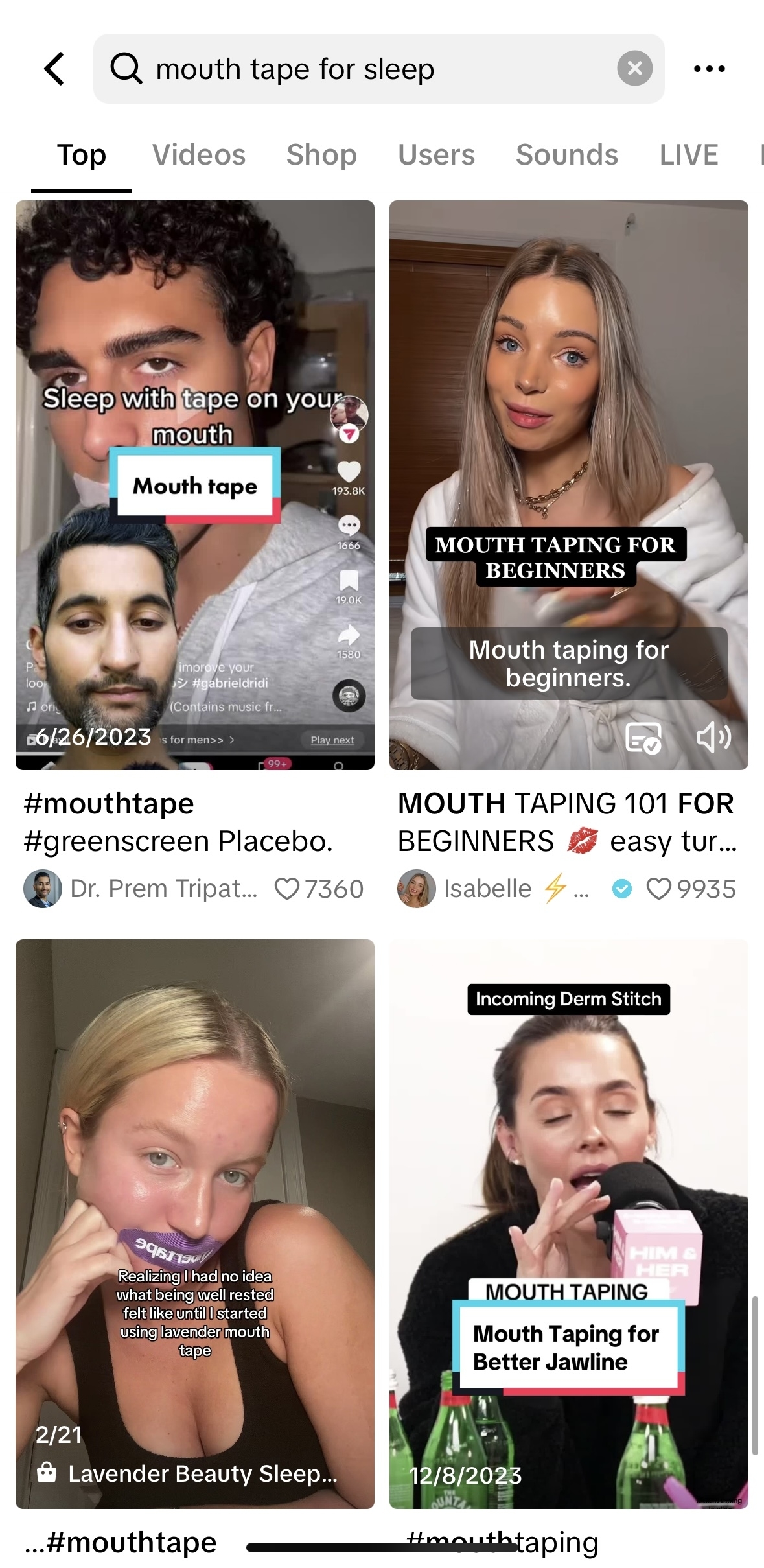 Four thumbnails of different people demonstrating mouth taping, a wellness trend