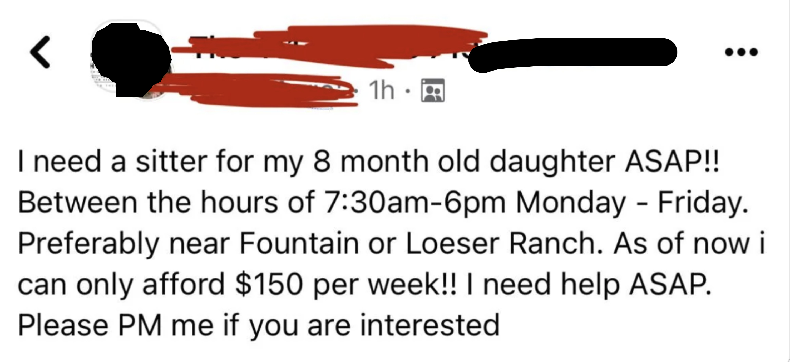 Parent&#x27;s online post seeking an urgent babysitter for their daughter, offering $150 per week, and requesting private messages from interested parties
