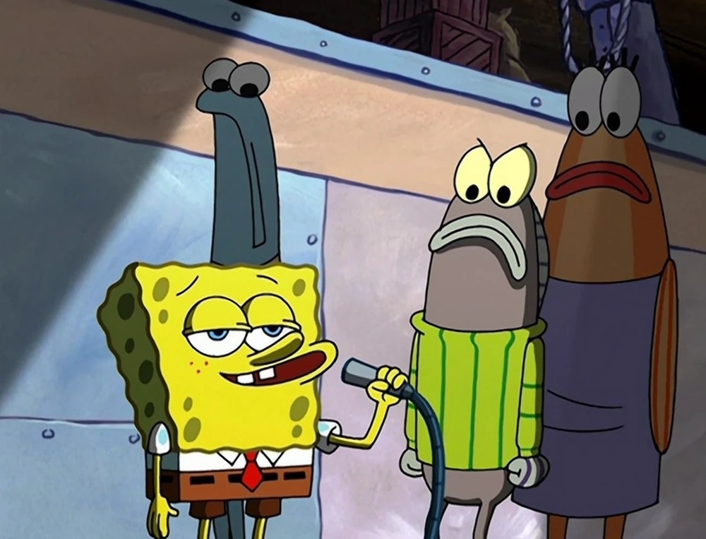 SpongeBob SquarePants on the left with his arm around a fish character in a sharped suit, looking confident, with another fish character beside them looking surprised