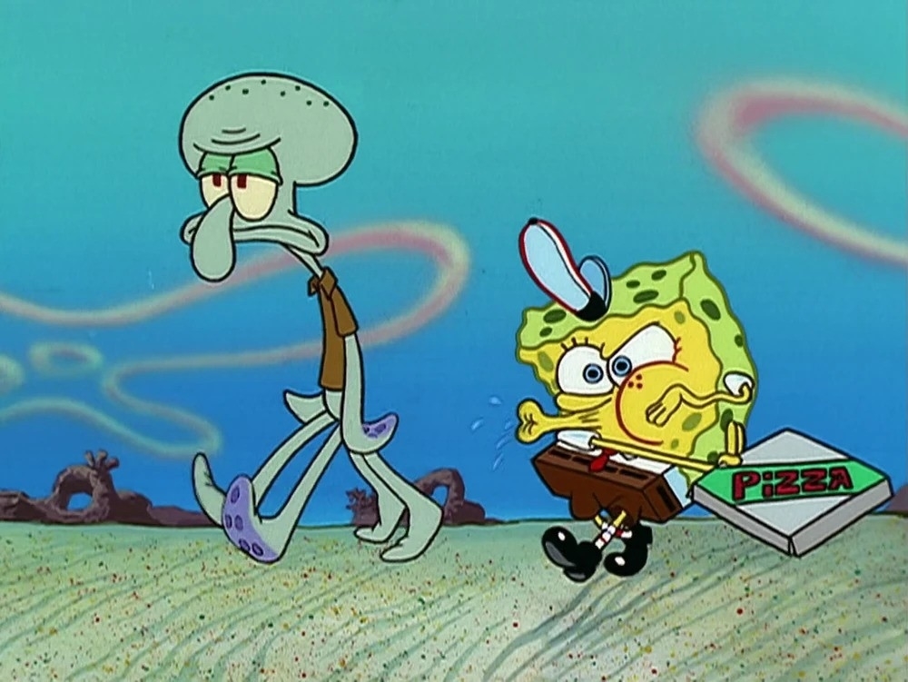 Squidward watches SpongeBob happily deliver a pizza, holding the box under his arm