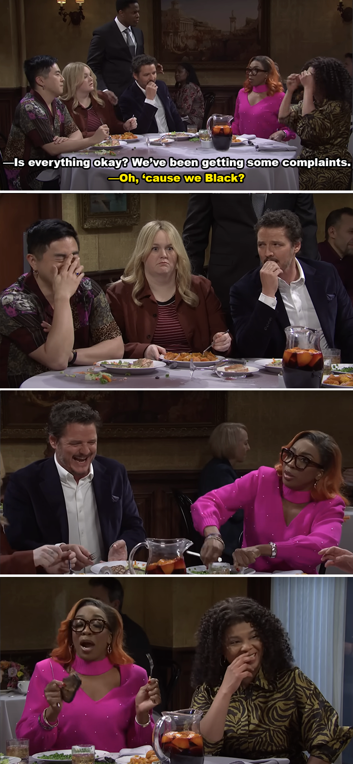 Four people seated at a dinner table in a comedic scene, expressing exaggerated emotions