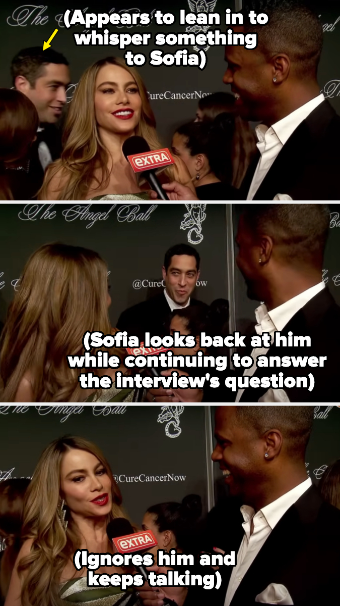 Three-panel image showing a man whispering to Sofia Vergara who later turns and ignores him during an interview