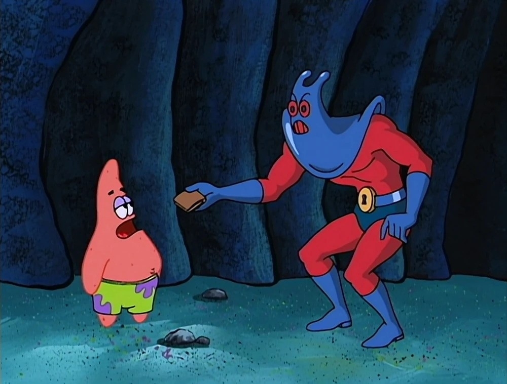 Man Ray giving Patrick a wallet in a scene from SpongeBob SquarePants