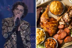 On the left, Timothee Chalamet talking into a mic, and on the right, a BBQ platter
