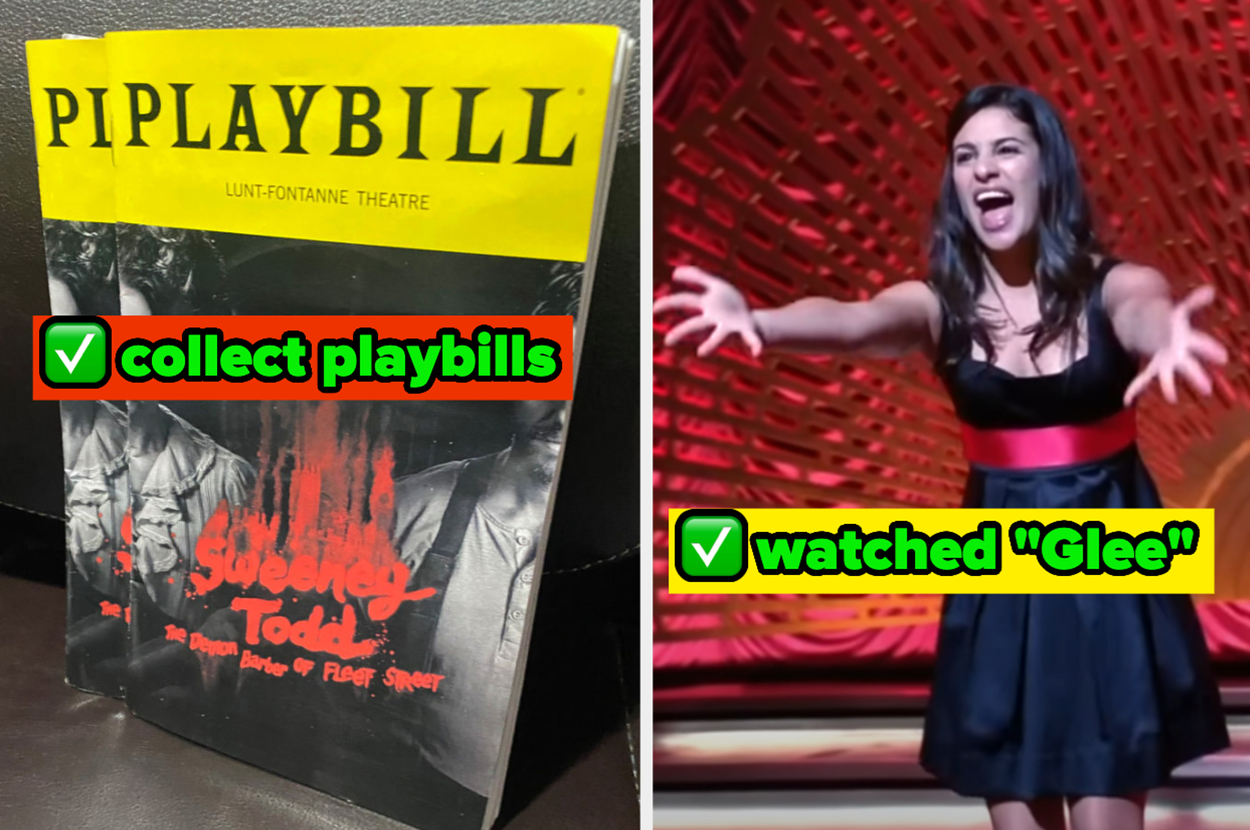 Left: A Playbill from Lunt-Fontanne Theatre for 'Sweeney Todd'. Right: Lea Michele on stage in a black dress with red accents, arms wide open