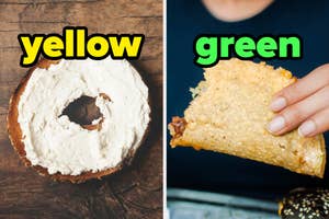 On the left, a bagel with cream cheese labeled yellow, and on the right, someone holding a crunchy taco labeled green