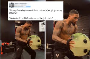Two frames: On the left, a tweet text. On the right, a man with tattoos holds a large, unusual-looking green ball in a gym