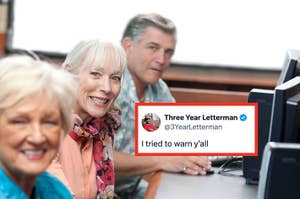 Tweet on a screen reads, "I tried to warn y'all" with seniors using computers in foreground