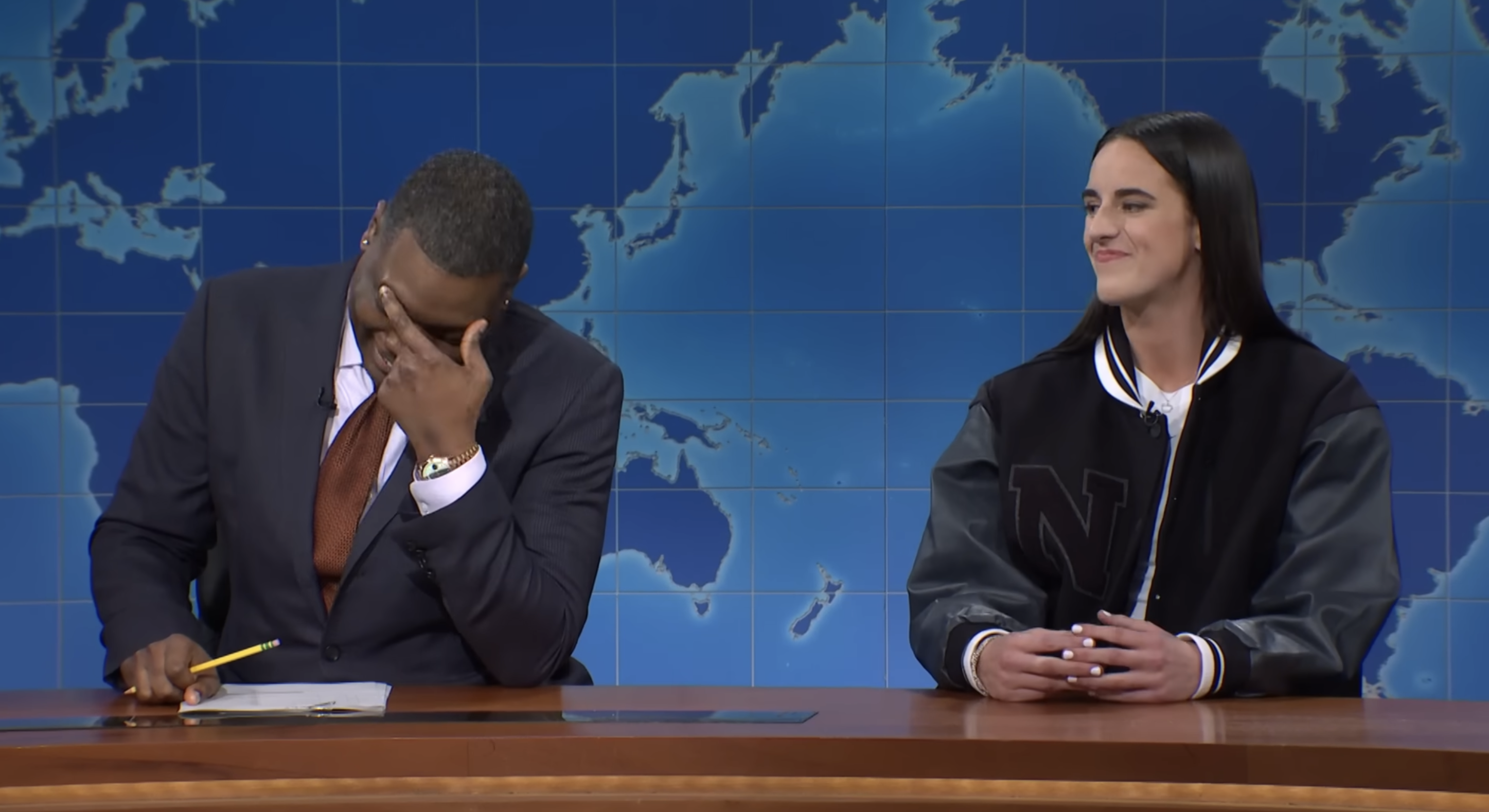 Closeup of Michael Che and Caitlin Clark on &quot;SNL&quot;