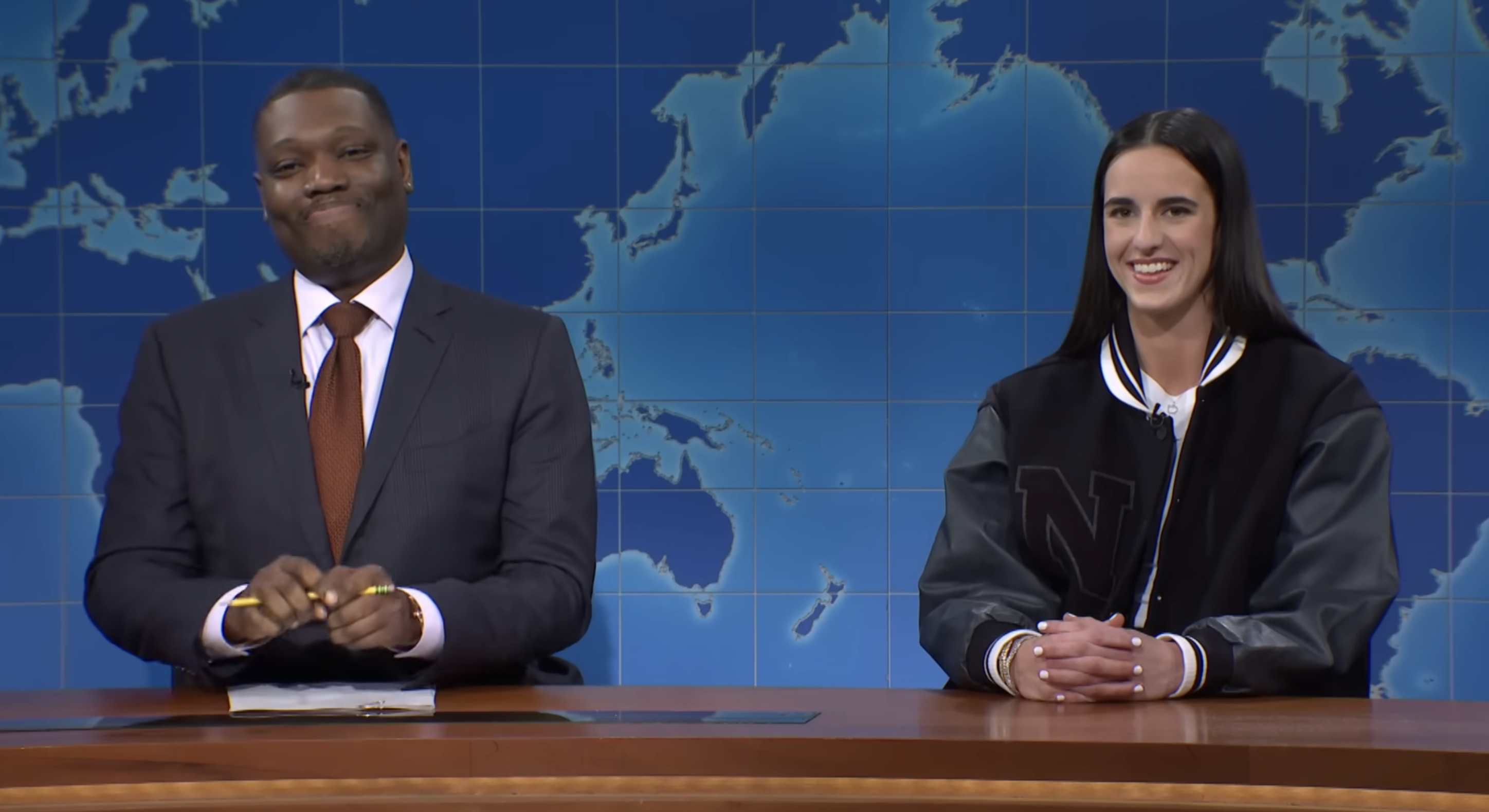 Closeup of Michael Che and Caitlin Clark on &quot;SNL&quot;