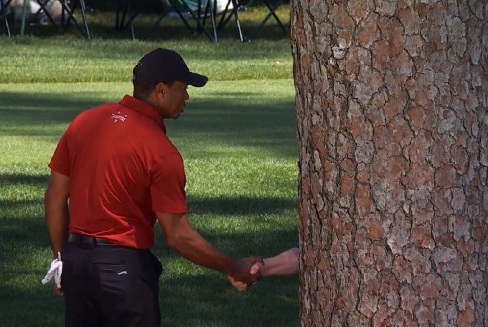 Golfer in red shirt shaking hands with a person obscured by a tree on a golf course