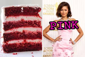 On the left, a slice of red velvet cake, and on the right, Zendaya wearing a dress on the red carpet labeled pink