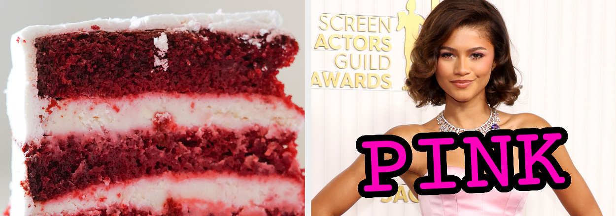 On the left, a slice of red velvet cake, and on the right, Zendaya wearing a dress on the red carpet labeled pink