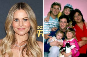 Candace Cameron Bure poses; a still from Full House with Saget, Stamos, Coulier, and child actors