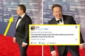 Elon Musk in a black tuxedo laughs awkwardly on the red carpet at the Breakthrough Prize event. A tweet overlay comments on his reaction
