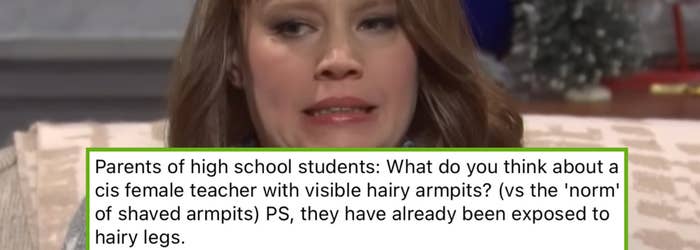 facebook post asking other parents what they think of a female teacher's body hair over exasperated kate mckinnon