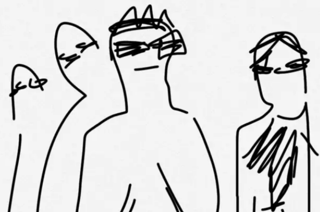 Sketch of three people, one with sunglasses and spiked hair, second with headband and third with glasses