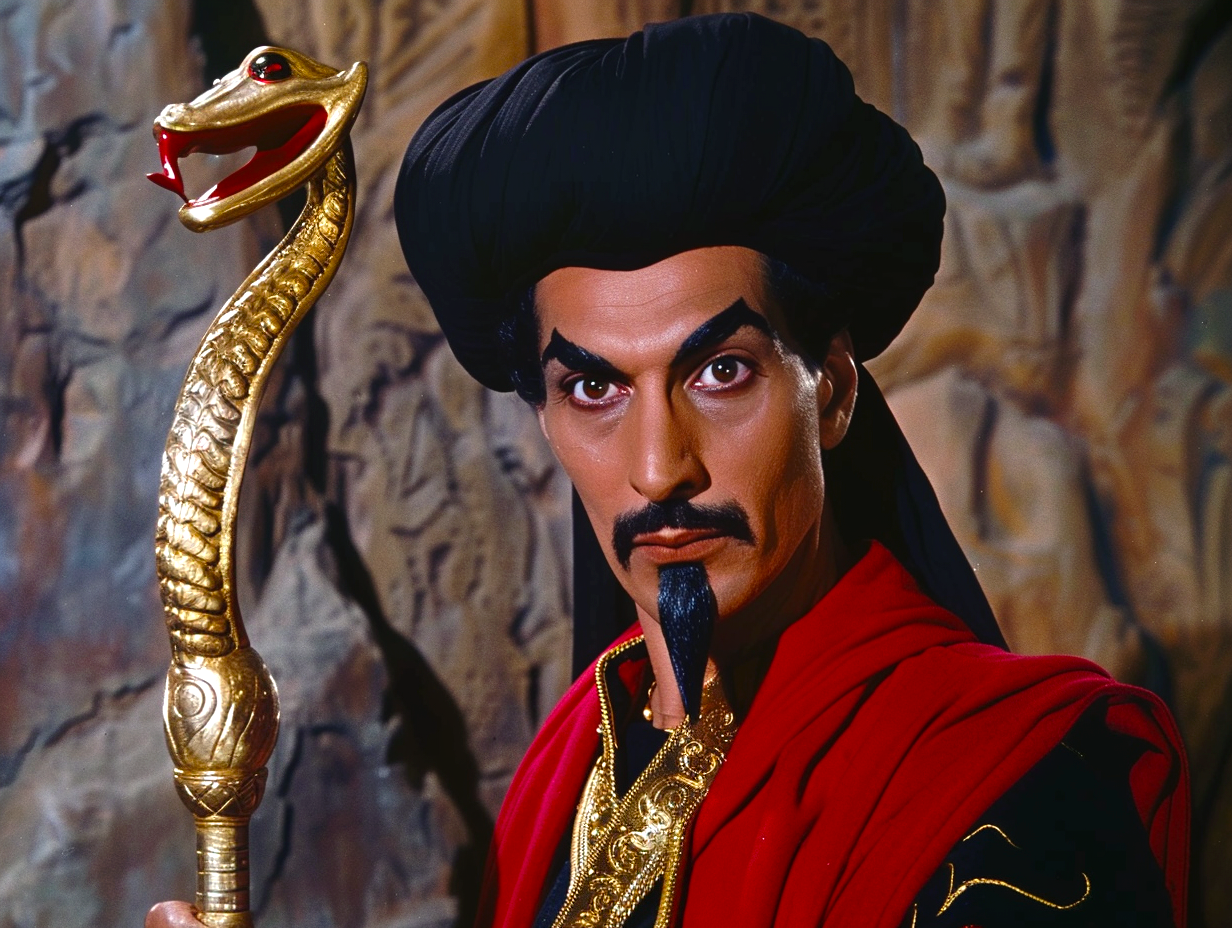 Character Jafar from Aladdin in elaborate costume holding a cobra-headed staff