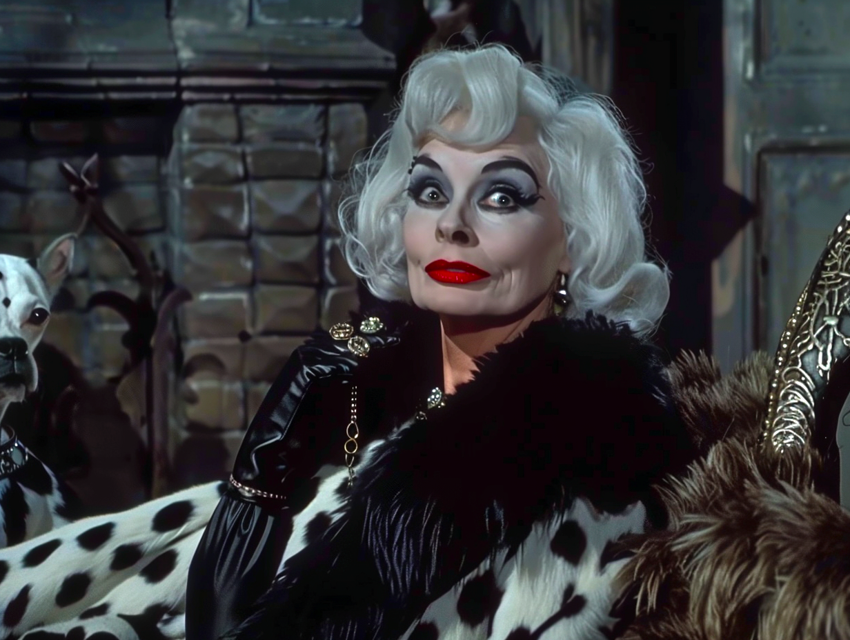 Cruella de Vil in fur coat with dalmatians, expressing a menacing look