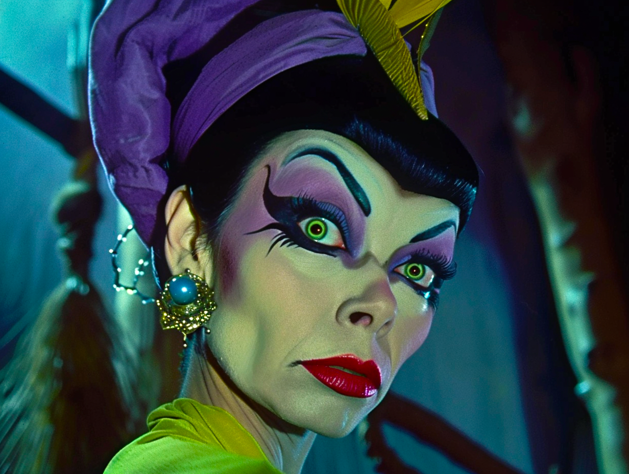 Close-up of the character Maleficent with dramatic makeup and headpiece from the movie