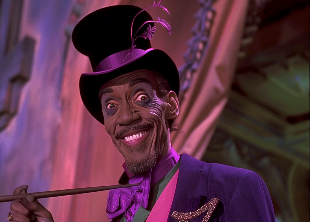 Character Dr. Facilier from &quot;The Princess and the Frog&quot; smiles slyly wearing a top hat and holding a cane