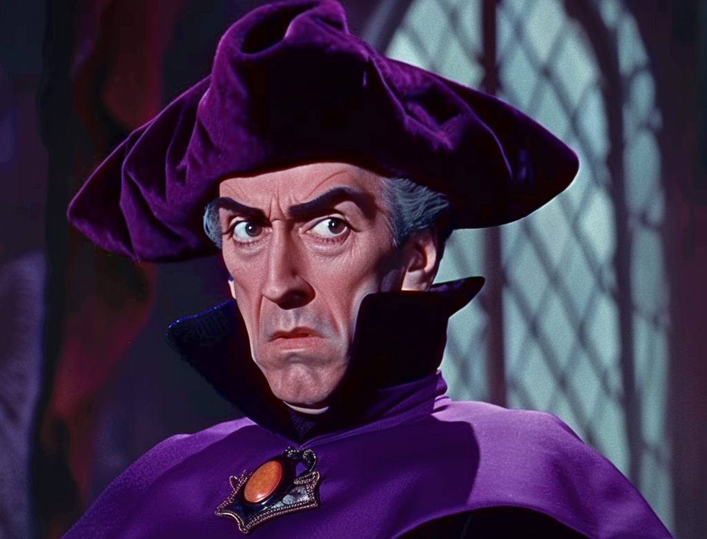 Animated character Judge Claude Frollo from Disney&#x27;s &quot;The Hunchback of Notre Dame&quot; in a purple robe with a stern expression
