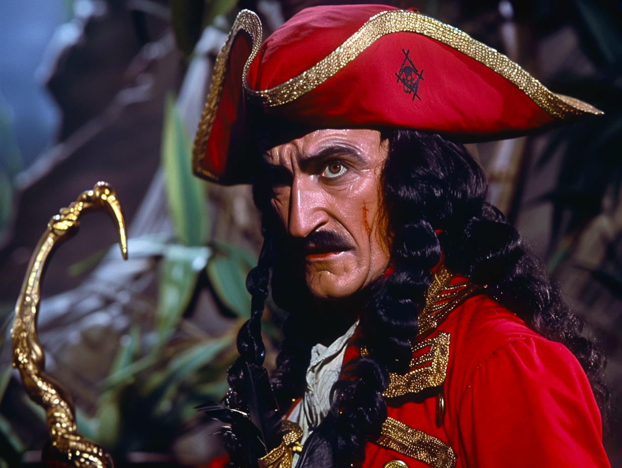Captain Hook from Peter Pan, in red hat with feather and ornate coat, holding hook menacingly