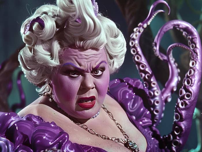 Ursula from Disney&#x27;s The Little Mermaid, in her purple dress, with tentacles, looking menacing
