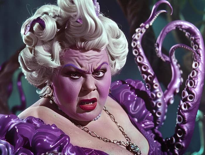 Ursula from Disney's The Little Mermaid, in her purple dress, with tentacles, looking menacing