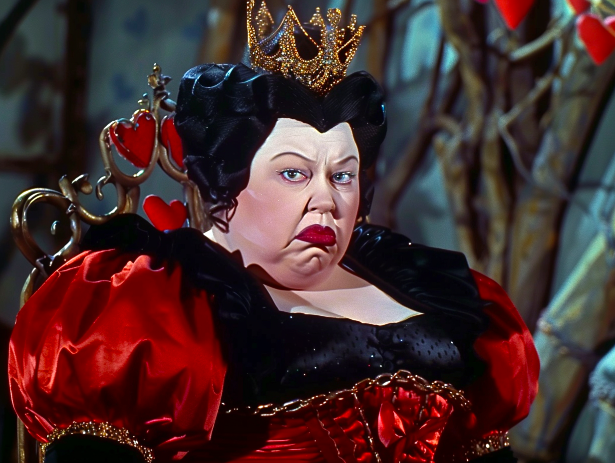 The Queen of Hearts from Alice in Wonderland is shown with a stern expression in her royal attire