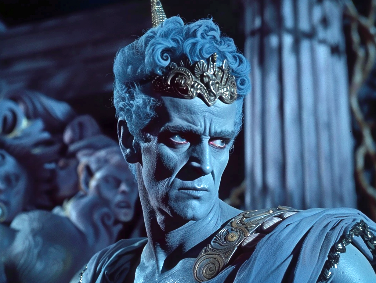 Character with blue skin and a crown, in a fantasy costume, from a movie scene
