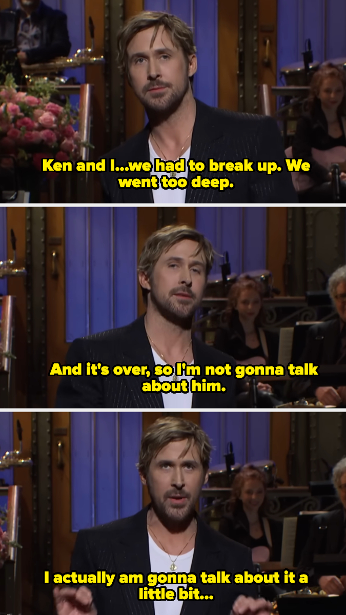 Ryan Gosling on SNL set looks amused as he talks about Ken