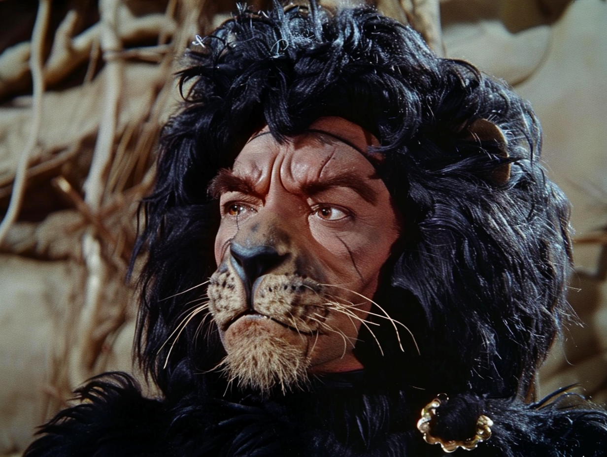 Close-up of Cowardly Lion character from The Wizard of Oz, in costume and makeup