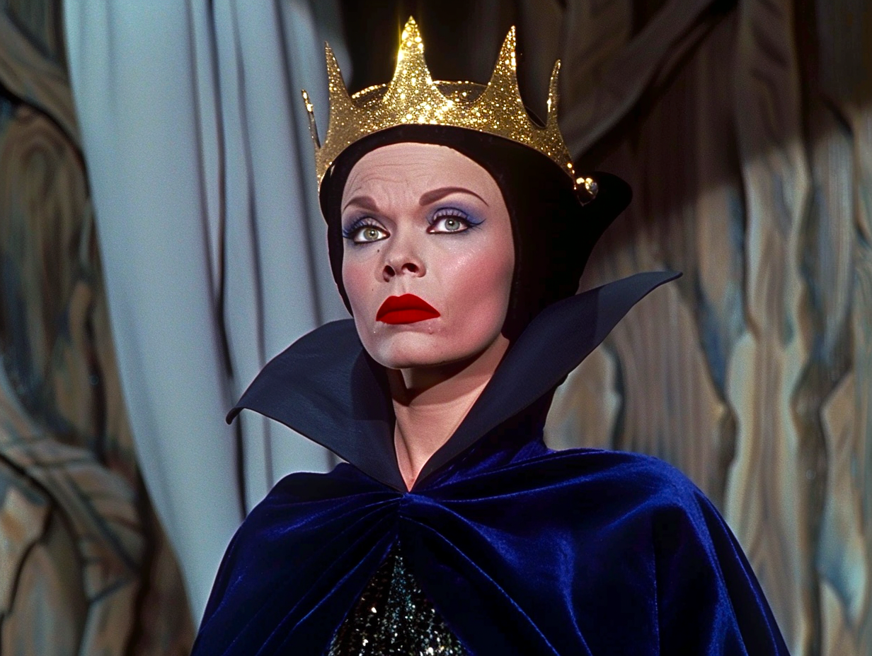 Queen from Snow White in a golden crown and dark cloak with high collar