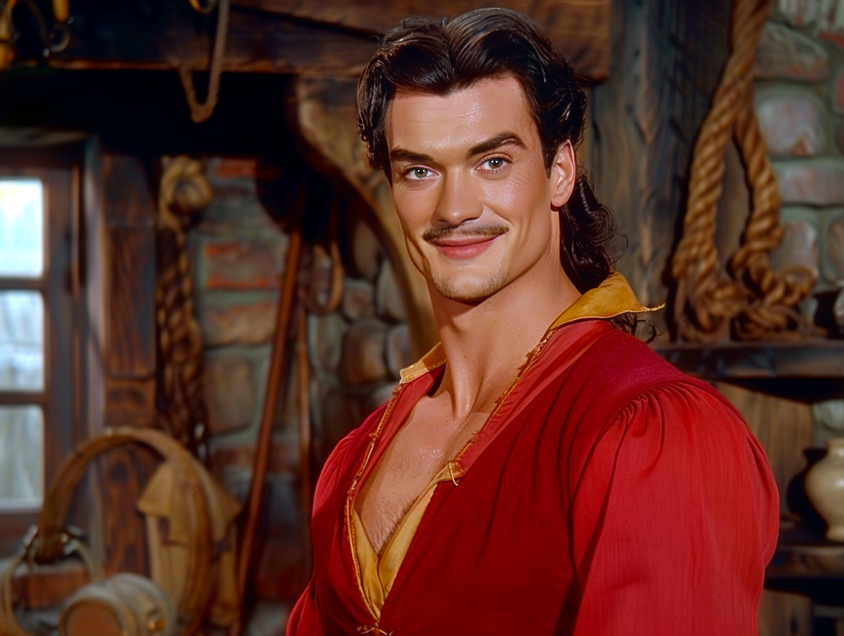 Gaston from Beauty and the Beast smiling confidently in a red coat with a yellow collar