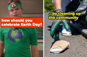 Person in Earth Day t-shirt and headband; hand with glove picking up trash