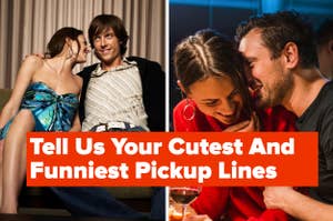 Two couples laughing together with a text overlay summarizing a prompt for pickup lines