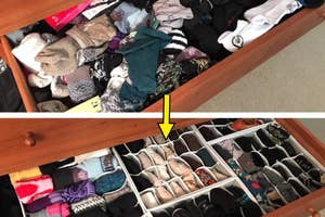 Before and after of a drawer organized with a sock divider, showing improved tidiness