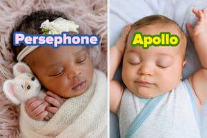 Two infants sleeping, each with a name graphic above them: Persephone on the left, Apollo on the right