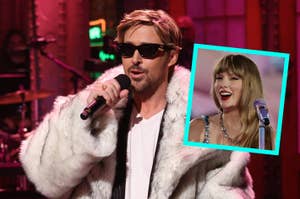 Man in fur coat and sunglasses singing, inset of woman with bangs at microphone