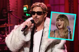 Man in fur coat and sunglasses singing, inset of woman with bangs at microphone