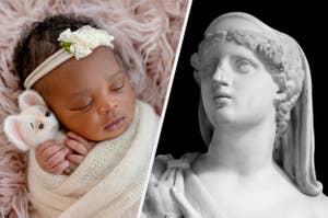 Split image with a sleeping infant on the left and a marble bust of a classical figure on the right
